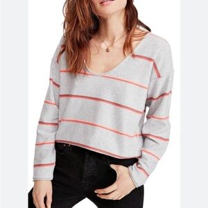 Free People Size Small Make You Mine Gray Striped Pullover Sweater Oversized